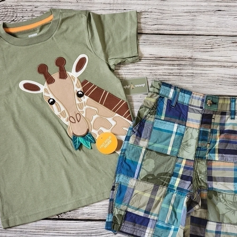 Zoo Trip Outfit Giraffe T-Shirt Binoculars Tank Top Patchwork Shorts Outfit NWT